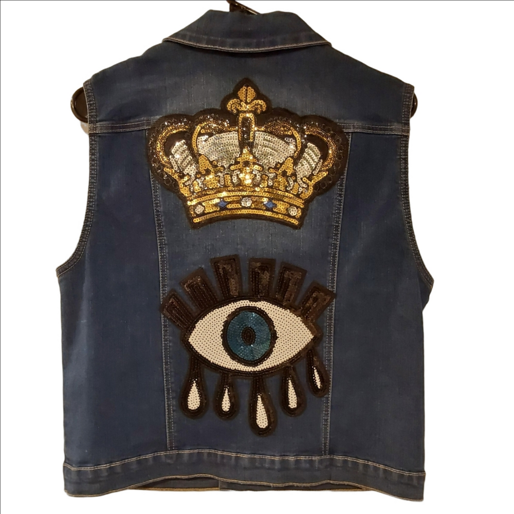 Embellished Denim Vest with Crown and Eye Design